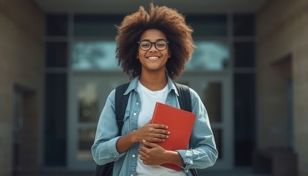 Happy young student holding red book outdoors at university campus area
