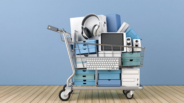 Shopping cart full of electronic devices and boxes with headphones tablet keyboard and computer on blue background. Technology shopping and consumerism concept for online store and black friday sale
