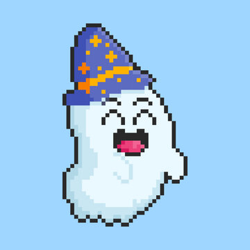 Pixel art Ghost Wearing a Wizard Hat for Halloween game asset design