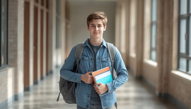 Smiling student carrying books and backpack in a bright school hallway