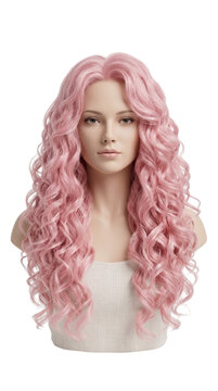 Stylish long curly pink hair wig on a female mannequin bust display