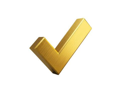 Three dimensional metallic gold check mark icon symbolizing approval and success