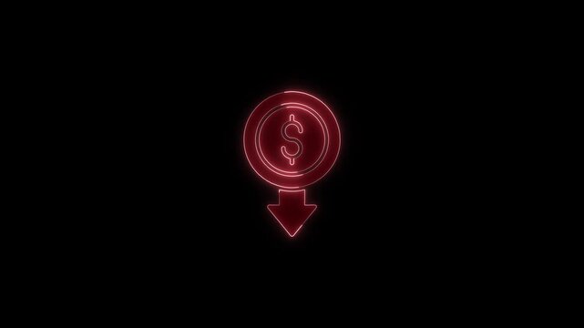 Red neon coin and down arrow symbol glowing on black background representing financial loss and economic downturn.