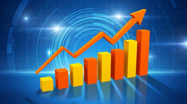 Bar chart with rising trend arrow against a blue digital background showing financial growth success