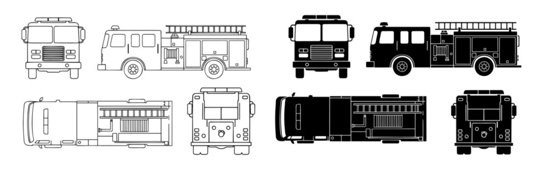 fire truck front side top rear view line art and silhouette vector set