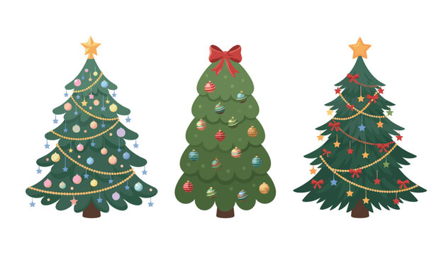 Decorated Christmas tree vector illustration set featuring festive holiday pines with colorful ornaments stars garlands and bows