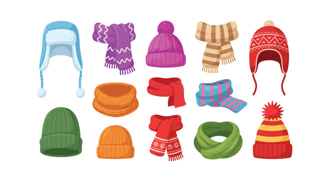 Winter hats and scarves vector illustration set containing cozy knitted beanies warm ushanka caps and colorful woolen mufflers
