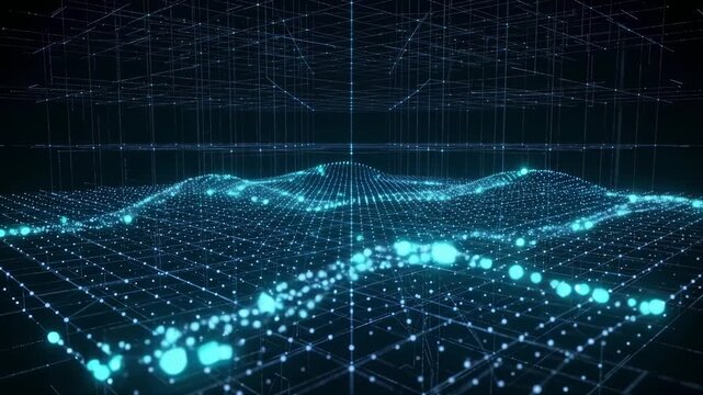 Dynamic three dimensional particle grid smoothly transforms as luminous pulses travel across the structure, creating a seamless future computing technology loop.
