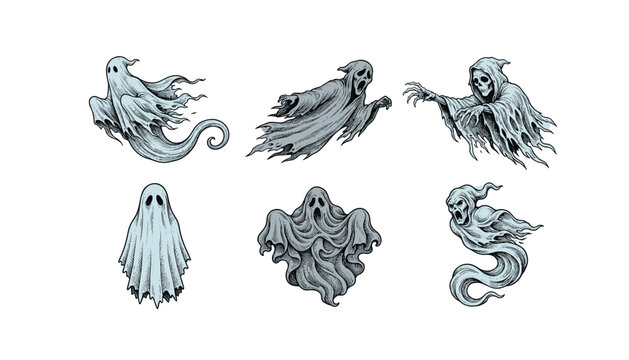 Spooky halloween ghost and grim reaper vector illustration set with creepy phantoms flying on white background