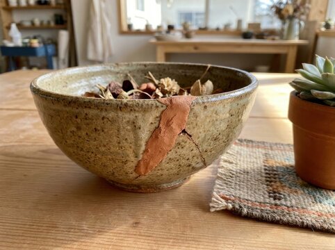 repaired ceramic bowl Rustic ceramic bowl with dried potpourri on wooden table near plant pot