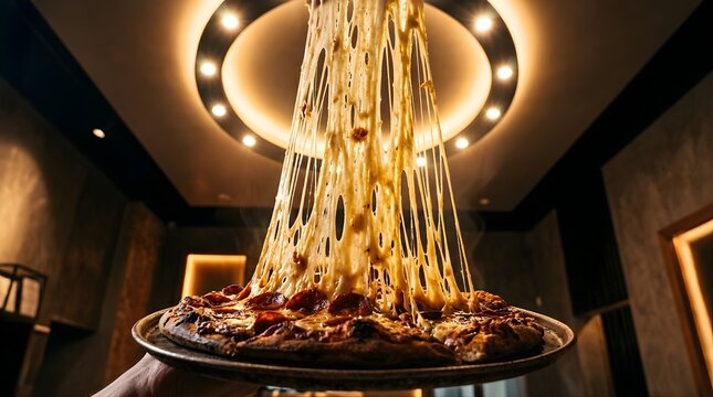 Delicious freshly baked pepperoni pizza with extreme melted cheese pull stretching upwards toward warm restaurant ceiling lights