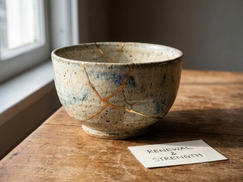 repaired ceramic bowl Ceramic bowl repaired with gold lacquer beside a note saying "Renewal & Strength.