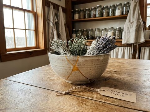repaired ceramic bowl Rustic wooden table with a bowl of dried lavender in a cozy, natural setting