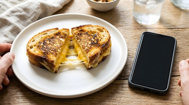 Delicious grilled cheese sandwich pulled apart on a white plate with mobile phone