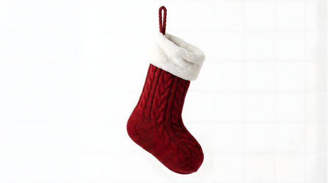 Red cable knit christmas stocking with a white faux fur cuff isolated on white background
