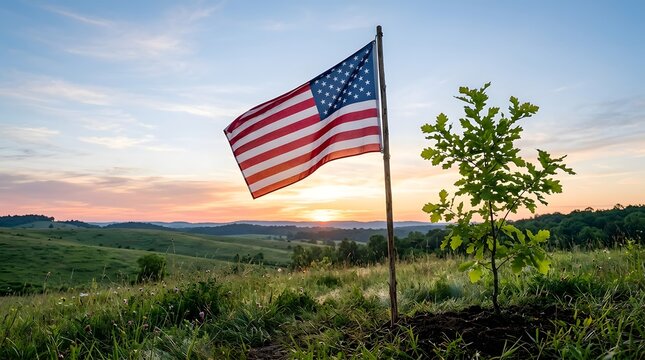 American flag waving proudly at sunset over a rural landscape with golden light