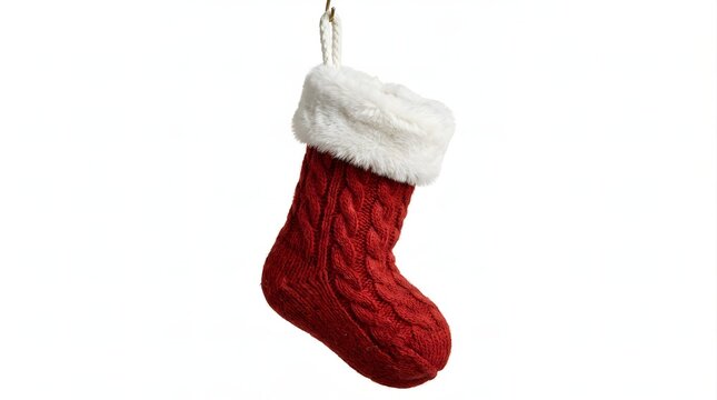 Red knitted christmas stocking with white faux fur cuff isolated on white background