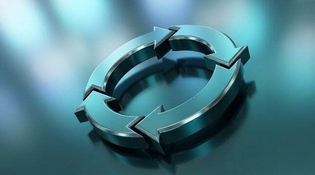 Metallic teal circular arrow icon resting on a reflective surface representing a continuous cycle process