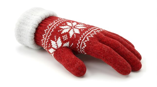 Red knitted winter glove with white snowflake pattern and soft cuff isolated on white background