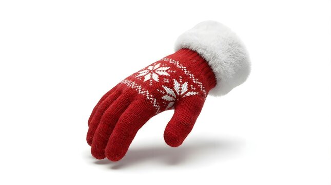 Red knitted winter glove with white snowflake pattern and faux fur cuff isolated on white background