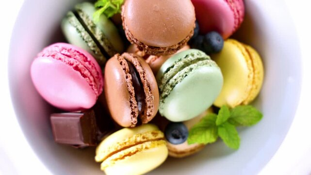colorful French macarons in bowl with chocolate and blueberries