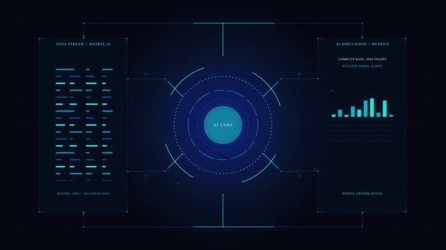 Abstract futuristic ai interface with blue digital data streams and coding simulation, technology background loop