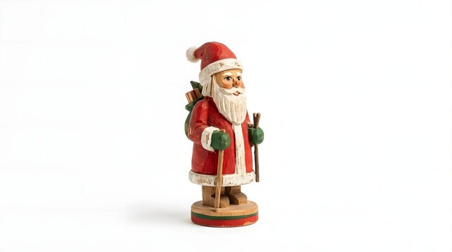 Hand carved wooden santa claus figurine holding ski poles with a gift sack on his back, isolated on white background