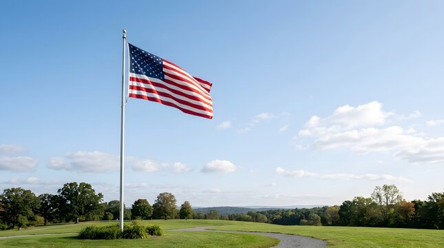 American flag waving proudly outdoors on a bright sunny day with blue sky