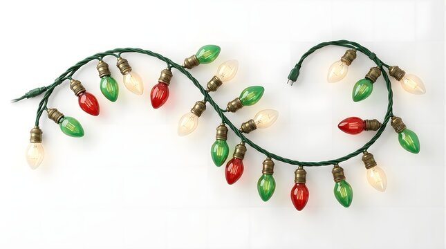 Vintage style christmas string lights with red, green, and warm white bulbs isolated on white background