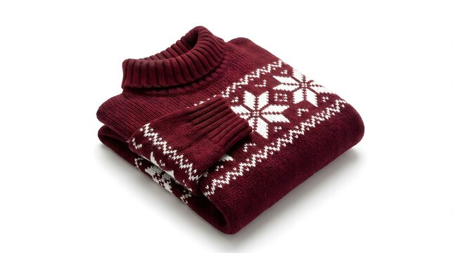 Folded burgundy christmas sweater with white snowflake pattern isolated on white background