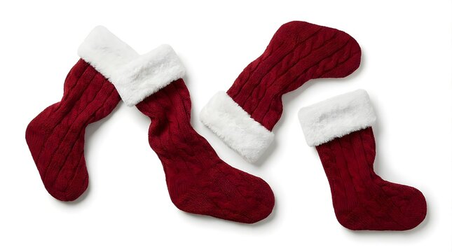 Three red knitted christmas stockings with white faux fur cuffs isolated on white background