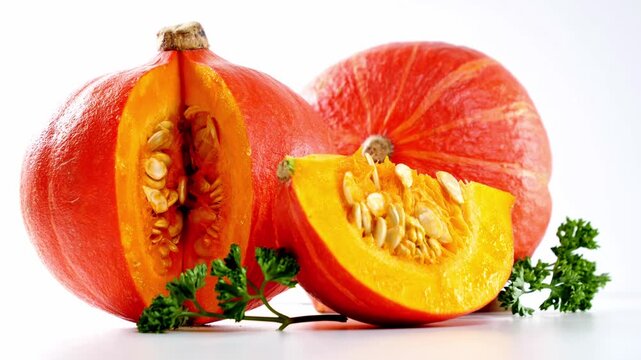 whole and halved pumpkin with seeds on white background