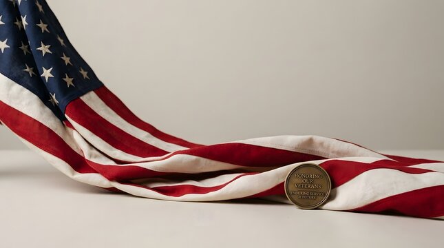 Folded american flag with a military challenge coin resting on the fabric
