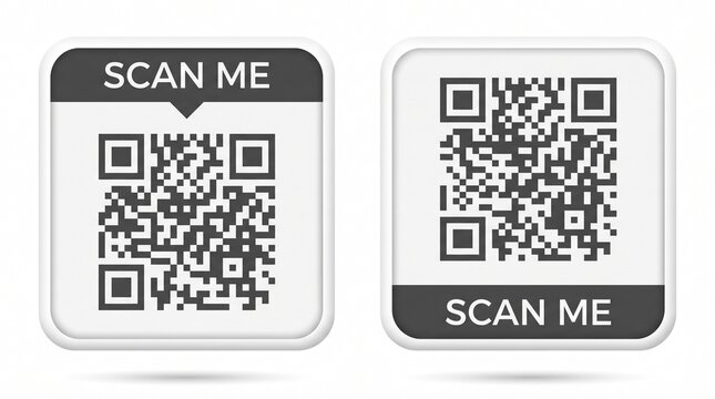 Two square badges featuring black and white qr codes with scan me text labels on white backgrounds with pixel