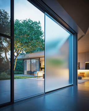 Modern house with large glass sliding doors opening to a garden at dusk architecture home
