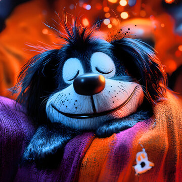 Cute Relaxed Cartoon Dog Portrait with Warm Orange Background