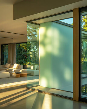 Modern Living Room with Frosted Glass Partition and Sunlight interior architecture