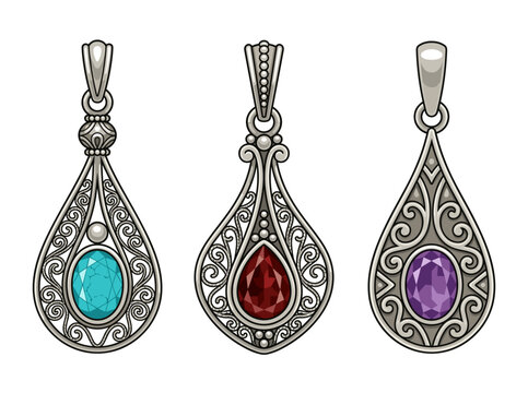 Set of three vintage silver teardrop pendants with intricate filigree scrollwork and inset gemstones in turquoise, garnet red, and amethyst purple against a plain white background.