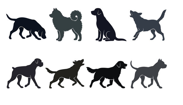 Vector collection of various dog silhouettes including sitting labrador retriever spitz boxer and howling wolf pack elements