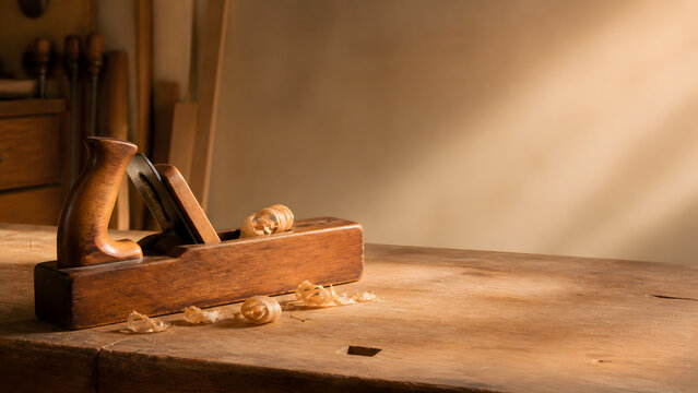 Traditional Wood Hand Plane on a Craft Workbench