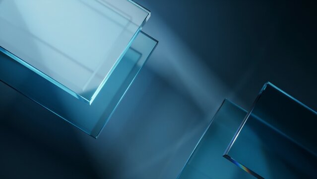 Floating transparent glass rectangles on a dark blue background