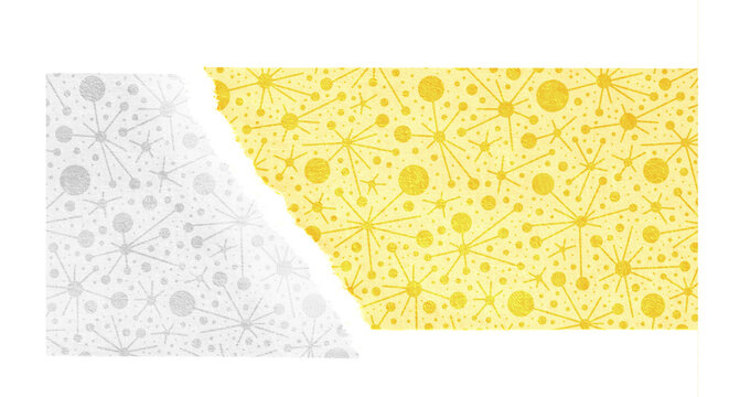 Torn paper with yellow and silver atomic mid century pattern isolated on transparent background