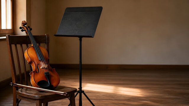 Unbranded Violin Resting in a Warm Rehearsal Studio