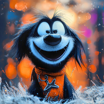 Happy Smiling Cartoon Dog with Warm Autumn Bokeh Background