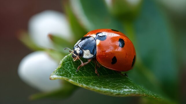 Vibrant red ladybug resting on fresh green leaf, detailed macro close-up of tiny insect with delicate black spots, natural garden foliage, soft morning light, spring wildlife, beautiful nature backgro