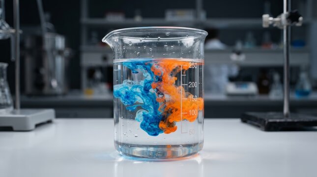 Vibrant blue and orange liquids diffuse in a laboratory beaker showing an abstract chemical reaction.