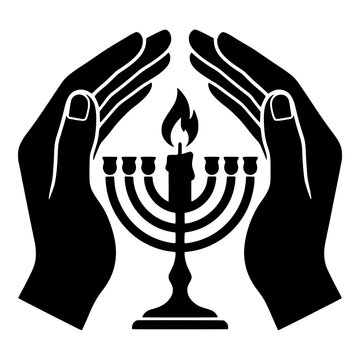 Hands Protecting Menorah Black and White vector illustration