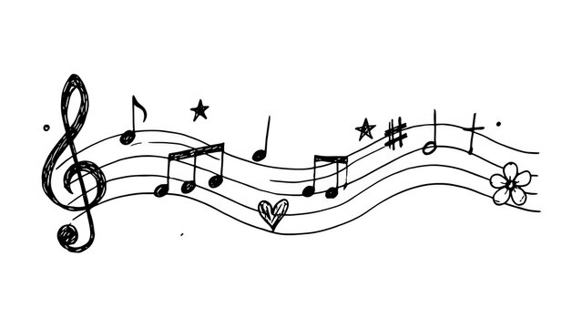 Playful black hand drawn music notation line art illustration