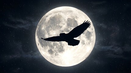 Fototapeta premium Silhouette of bird flying across giant full moon in dark starry night sky