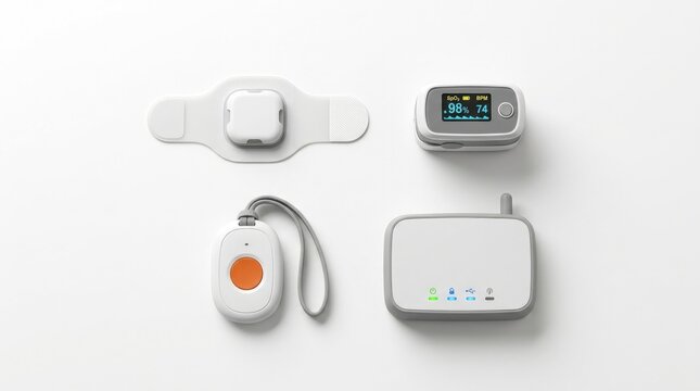 Elderly Emergency Alert System with Wearable Buttons and Home Base Unit on White